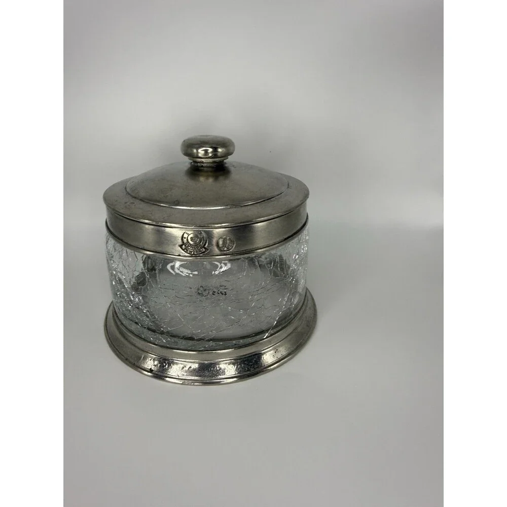 Vintage Labrazel Italian Pewter Crackle Glass Vanity Canister Crystina Jar 90s